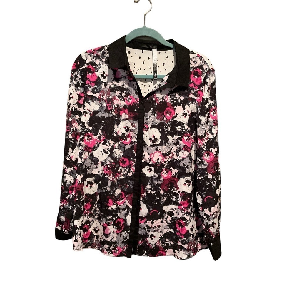 Kensie Button Dow Shirt Women's Size L Black Floral Collared Polyester Top